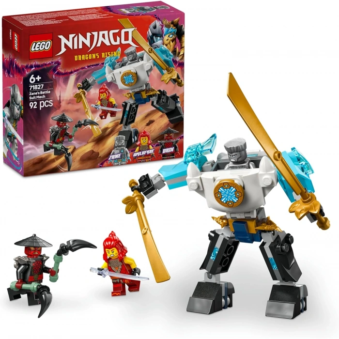 LEGO NINJAGO Zane’in Savaş Zırhı Mech’i 71827-6 Yaş ve Üzeri Çocuklar için 3 Minifigürlü Yaratıcı Oyuncak Yapım Seti, Doğum Günü Hediyesi (92 Parça)