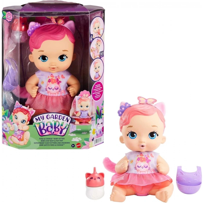 My Garden Baby Yavru Kedi Bebeğimin Bakım Zamanı - Pembe Saçlı Bebek (30 cm),bebek bezi, önlüğü, biberonu ve aksesuarlarıyla, 3 yaş ve üzeri HHL21