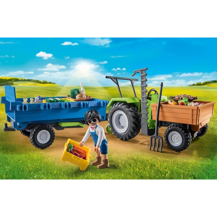 Playmobil Country 71249 Römorklu Traktör, Taşıma Kutuları Dahil, Organik Çiftlik İçin Yeşil Traktör, 4 Yaşından Büyük Çocuklar İçin Sürdürülebilir Oyuncak