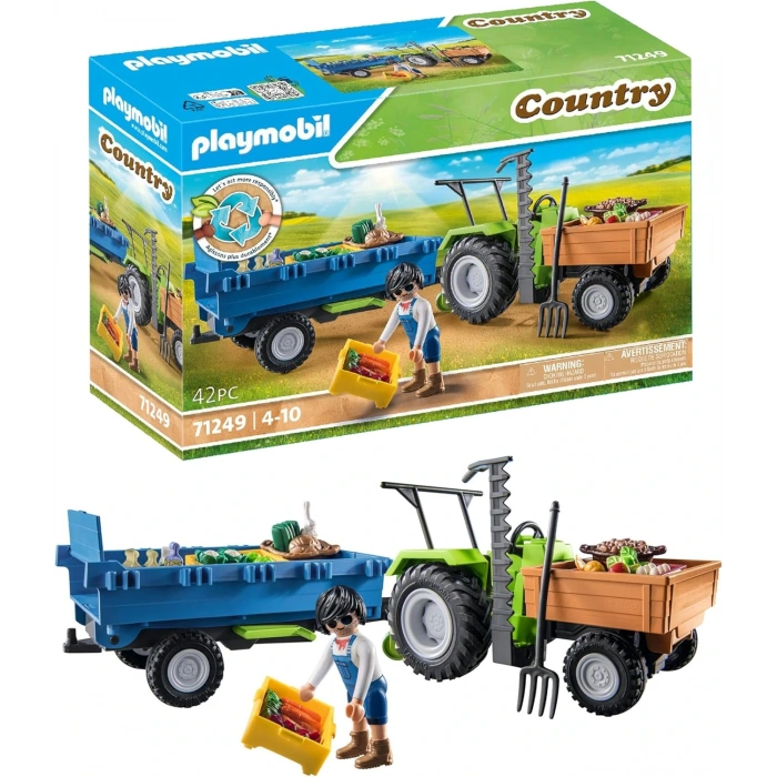 Playmobil Country 71249 Römorklu Traktör, Taşıma Kutuları Dahil, Organik Çiftlik İçin Yeşil Traktör, 4 Yaşından Büyük Çocuklar İçin Sürdürülebilir Oyuncak