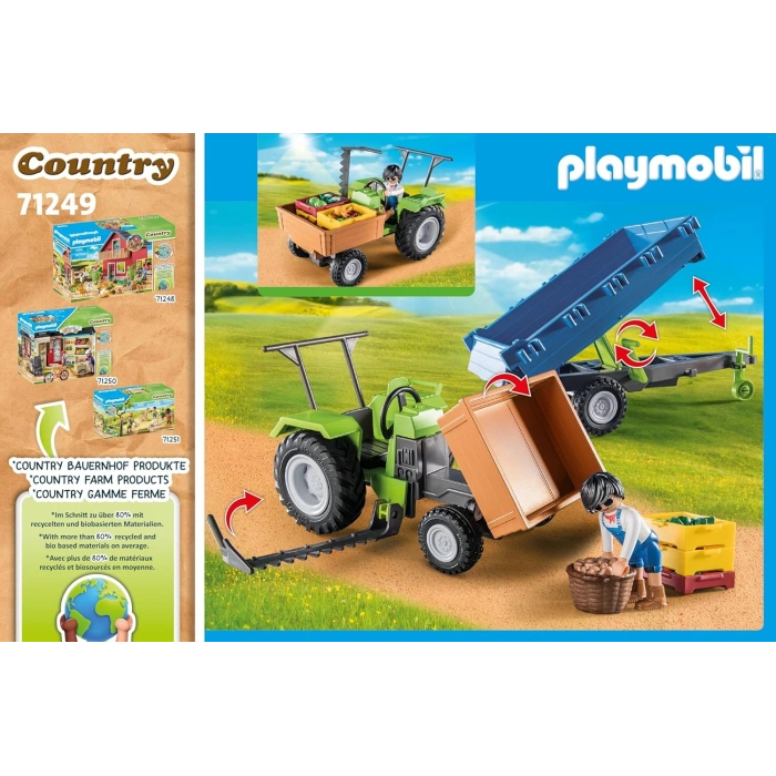 Playmobil Country 71249 Römorklu Traktör, Taşıma Kutuları Dahil, Organik Çiftlik İçin Yeşil Traktör, 4 Yaşından Büyük Çocuklar İçin Sürdürülebilir Oyuncak