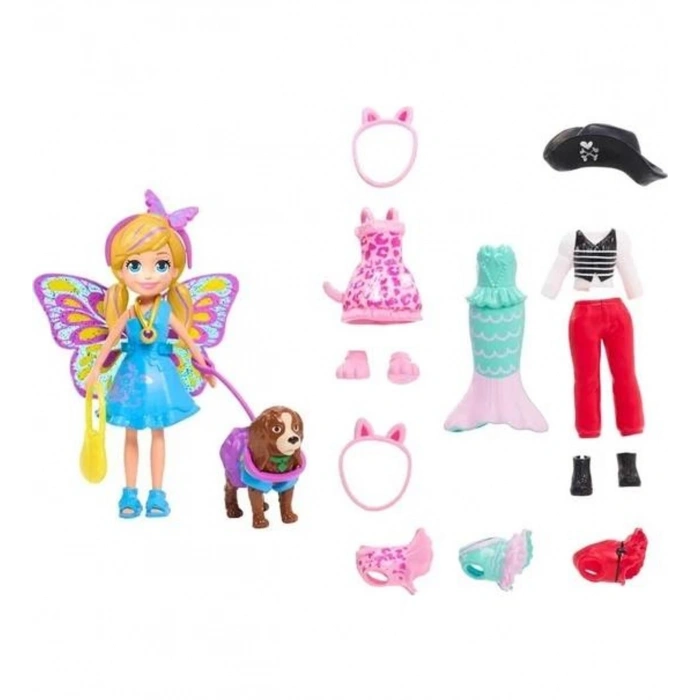 Polly Pocket ve Hayvan Dostu Kostüm Giyiyor Oyun Seti, Bebek, Evcil Hayvan ve Kostümlü Paket Gdm15