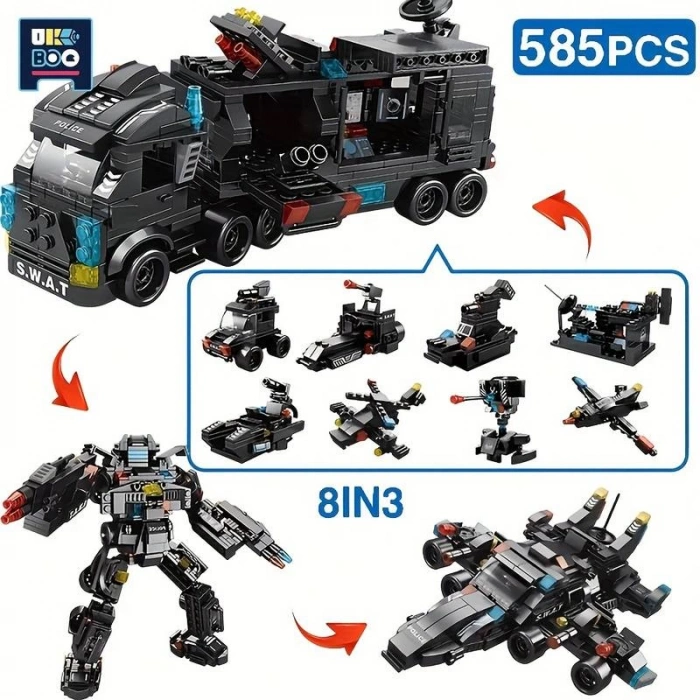 Şehir Özel Harekat 20.32 cm 3 Polis Karakolu Kamyon lego, Makine Helikopter Araba Figürleri, Eğitici Oyuncak 6 yaş 585 parça