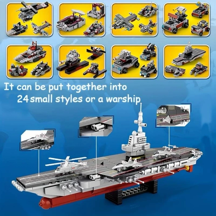 Uçak Gemisi Lego Yapı Blokları Seti 546 Parça 6-8 Yaş Donanma Savaş Gemisi Modeli Kit