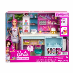 Barbie Pasta Dükkanı Oyun Seti ve pembe saçlı, minyon 30 cm bebek, fırın standı, pasta yapma özelliği, 20den fazla oyun parçası, 3 yaş ve üzeri HGB73