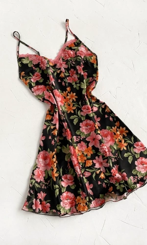 Çiçek Baskılı Saten Gecelik