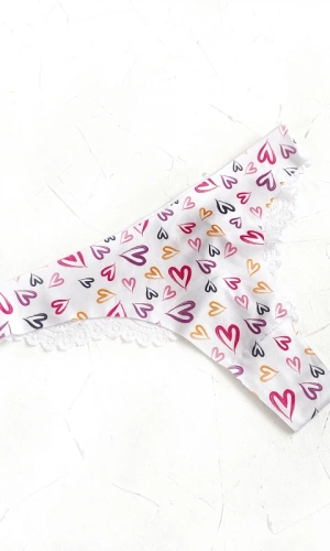 Lace Detailed Colorful Heart Printed Laser Cut Thong