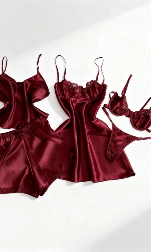 5 Parça Bordo Saten Dev Kombin