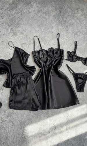 5 Parça Siyah Saten Dev Kombin