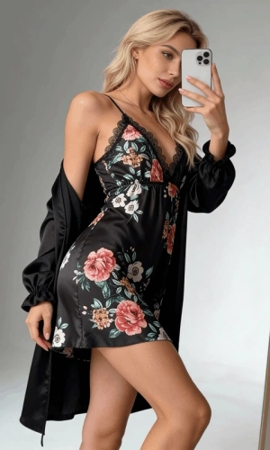 Floral Print Detailed Satin Dressing Gown Set