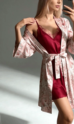 Floral Guipure Detailed Satin Dressing Gown Set