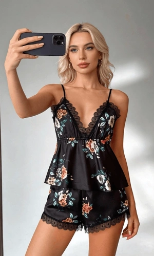 Floral Printed Satin Shorts Set
