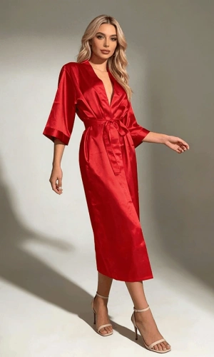 Kırmızı Fakir Kol Uzun Saten Sabahlık
