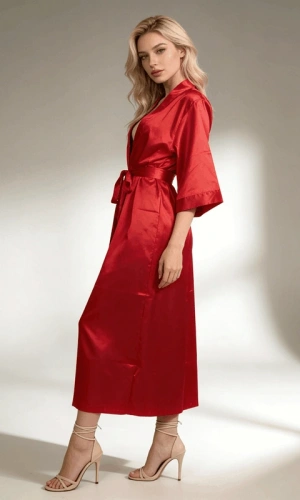 Kırmızı Fakir Kol Uzun Saten Sabahlık