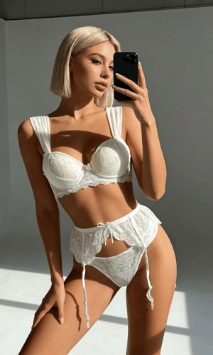 Ekru Kol Tül Detaylı Dantelli Destekli Sütyen Takım & Ekru Dantel Detaylı Jartiyer KemeriKombin