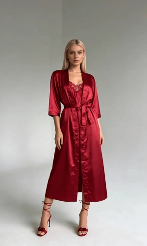 Bordo Dantel Detaylı Yumuşak Saten Gecelik & Sabahlık Kombin