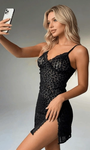 Siyah Flok Baskılı Yırtmaçlı Gecelik