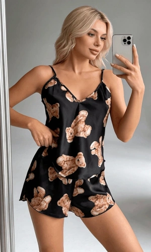 Ayı Baskılı Askılı Saten Şortlu Takım