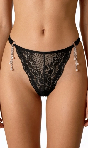 Siyah İnci ve Dantel Detaylı String