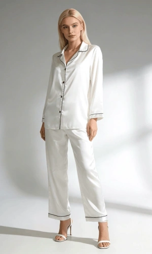 Beyaz Biyeli Saten Uzun Kollu Pijama Takım