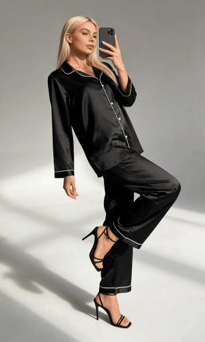 Siyah Biyeli Saten Uzun Kollu Pijama Takım