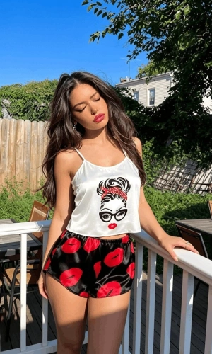 Lip Printed Satin Shorts Set