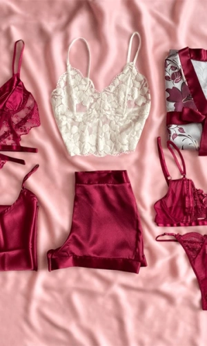 8 Parça Bordo Saten Sabahlıklı & Şortlu Takım & Büstiyer Takım & Sütyen Takım Kombin