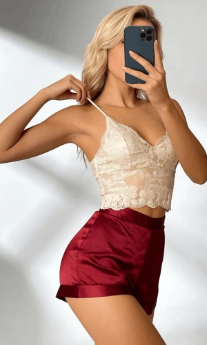 Askılı Dantel Büstiyerli Saten Şortlu Takım