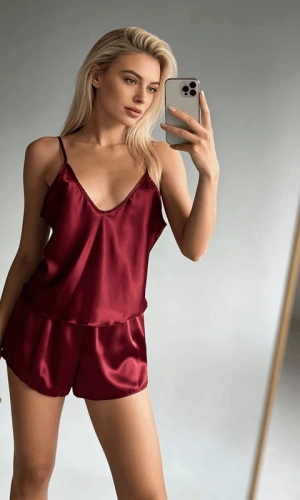 Askılı Saten Şortlu Takım