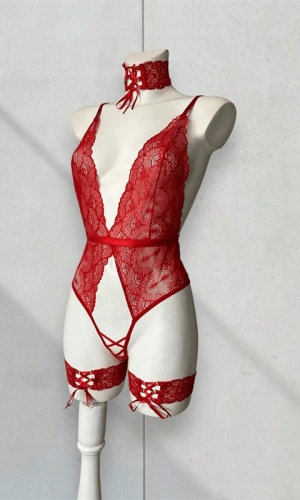Adjustable Ribbon Detailed Collar Set & Private Area Open Lace Detailed Bodysuit Combination
