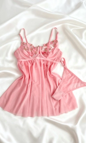 Balenli Çiçekli Brode Babydoll Takım