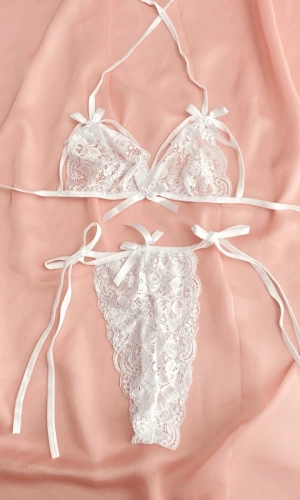 Beyaz Kurdela Bağlamalı Dantel Sütyen Takım