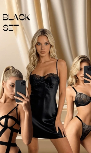 Bodysuit & Saten Gecelik & Sütyen Takım Kombin