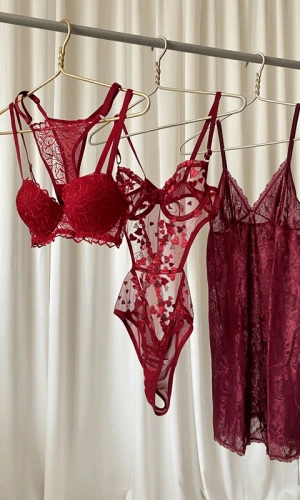 Bordo 5 Parça Bodysuit & Sütyen Takım & Gecelik Takım Kombin