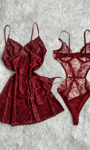 Bordo Çiçek Detaylı Bodysuit & Likralı Gecelik Takım Kombin