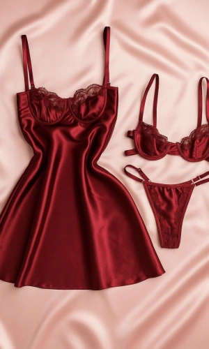 Bordo Dantel Detaylı Balenli Sütyen Takım & Saten Gecelik Kombin