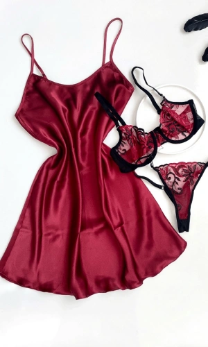 Burgundy Satin Nightgown & Underwire Lace Bra Set Combination
