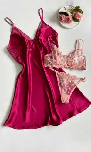Büyük Beden Saten Gecelik & Küçük Çiçek İşlemeli Sütyen Takım Kombin