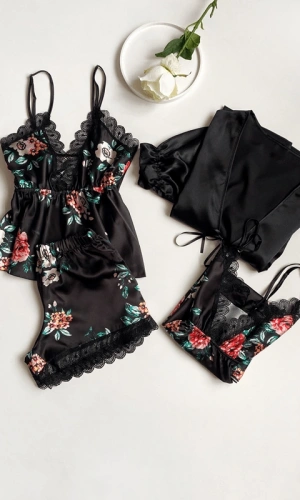 Floral Print Detailed Satin Dressing Gown Set & Satin Shorts Set Combination
