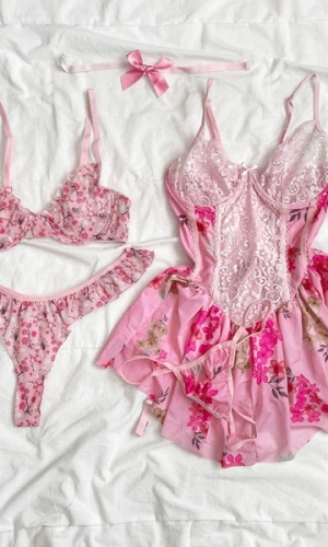 Çiçek Baskılı Babydoll Takım & Küçük Çiçek Baskılı Balenli Sütyen Takım Kombin