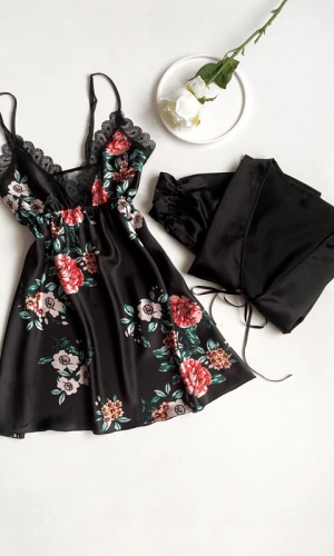 Floral Print Detailed Satin Dressing Gown Set