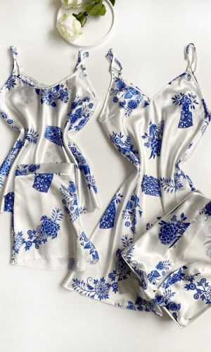 Floral Patterned Satin Dressing Gown & Shorts Suit Combination