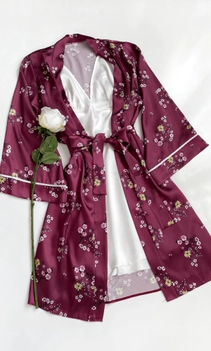 Floral Patterned Satin Dressing Gown Set