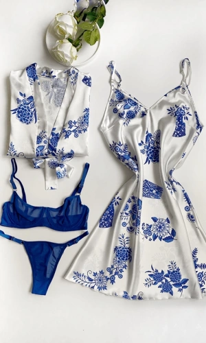 Floral Patterned Satin Dressing Gown Set & Bra Set Combination