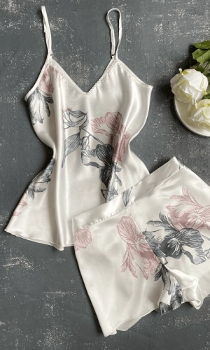 Floral Patterned Satin Shorts Set