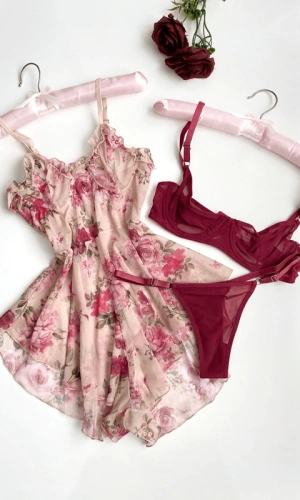 Floral Patterned Jumpsuit & Ring Detailed Tulle Bra Set Combination