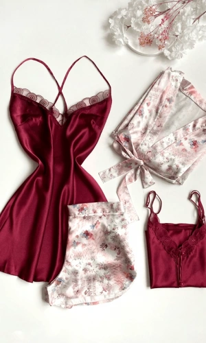 Floral Guipure Detailed Satin Dressing Gown Set & Shorts Set Combination