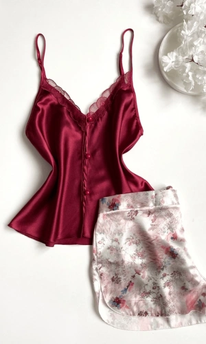 Floral Guipure Detailed Satin Shorts Set