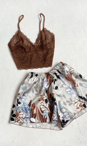 Lace Bralet Satin Shorts Set