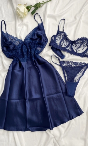 Dantel Dekolteli Saten Gecelik & Sütyen Takım Kombin